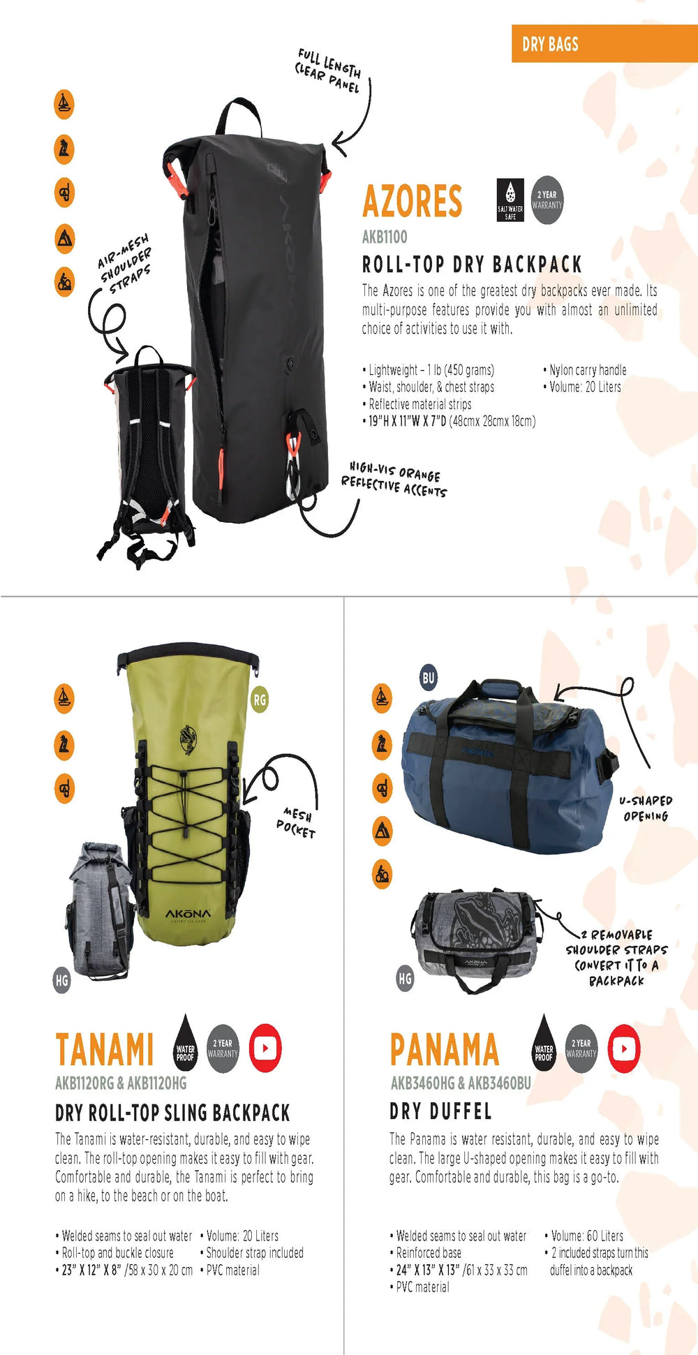 AKONA TANAMI DRY ROLL-TOP SLING BACKPACK, Waterproof Bag