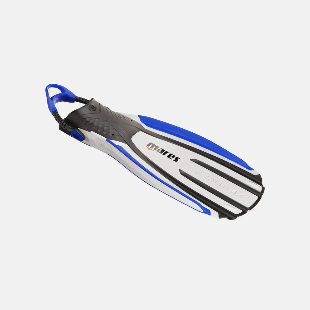 Blue and black diving fin on a white background