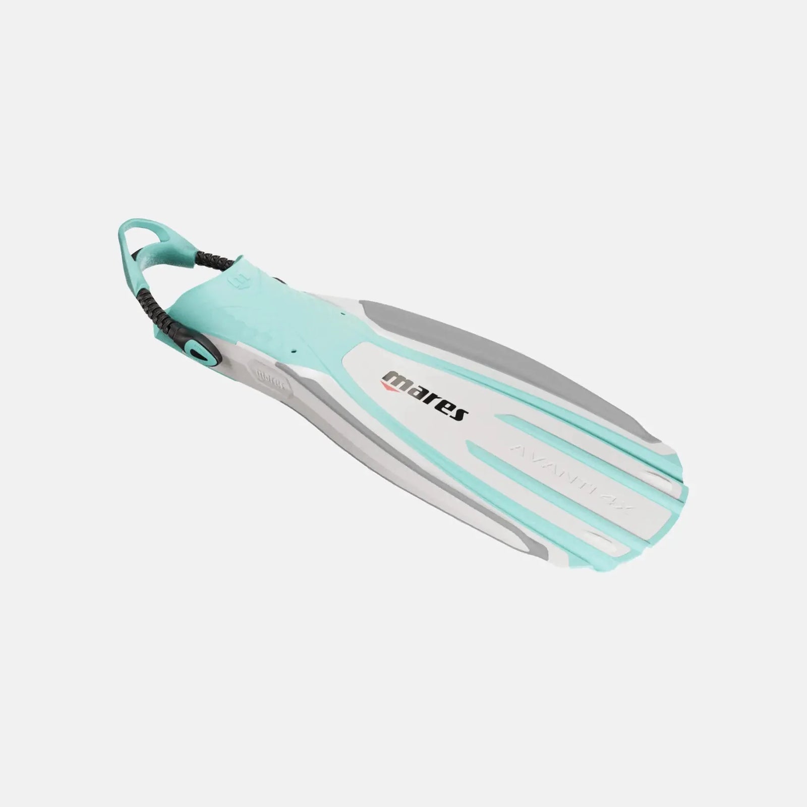 Teal and gray diving fin on a white background