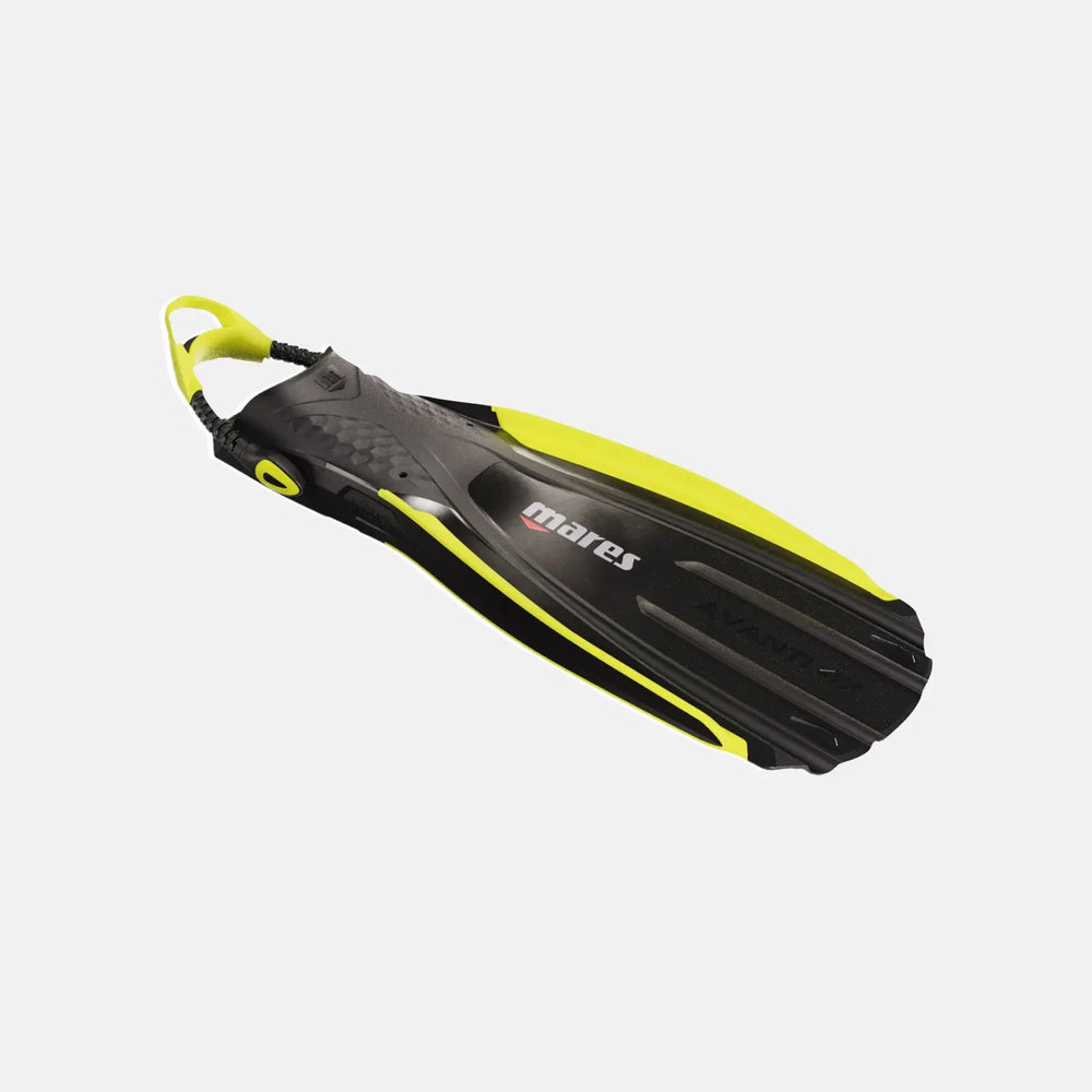 Black and yellow diving fin with Mares branding on a white background