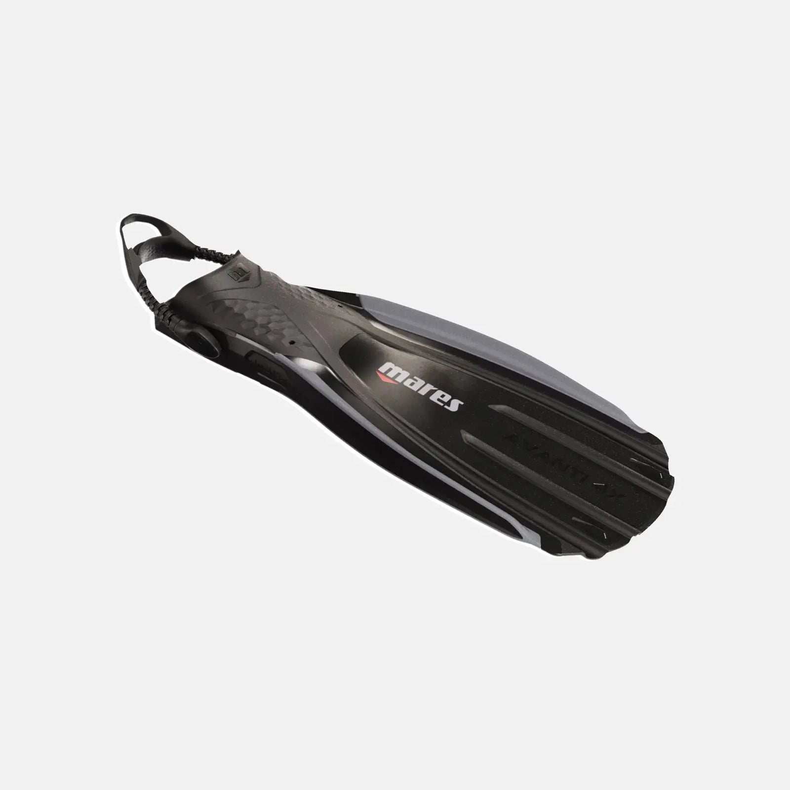 Black diving fin with Mares branding on a white background
