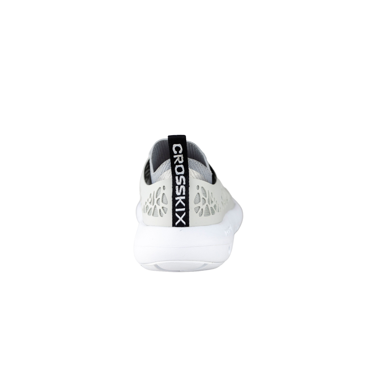 Rear view of white Crosskix Tetra Stone water shoe featuring black heel tab with 'CROSSKIX' branding and perforated upper design