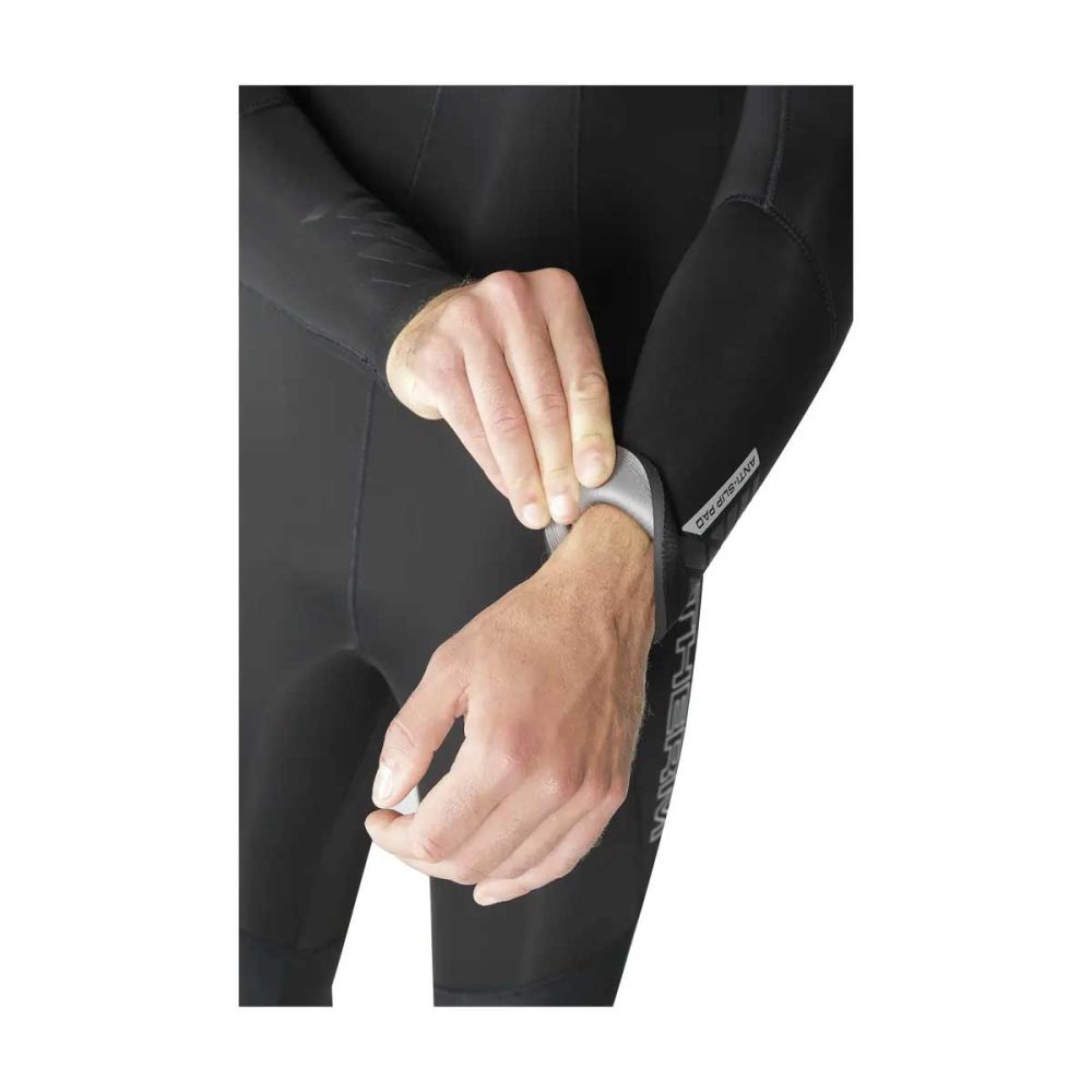 Close-up of a person wearing a black wetsuit
