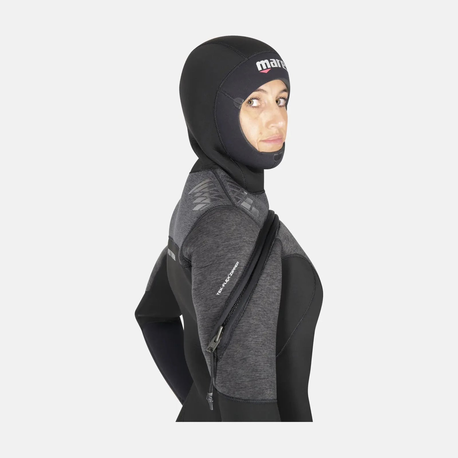 Person wearing a black and gray wetsuit with a hood on a white background