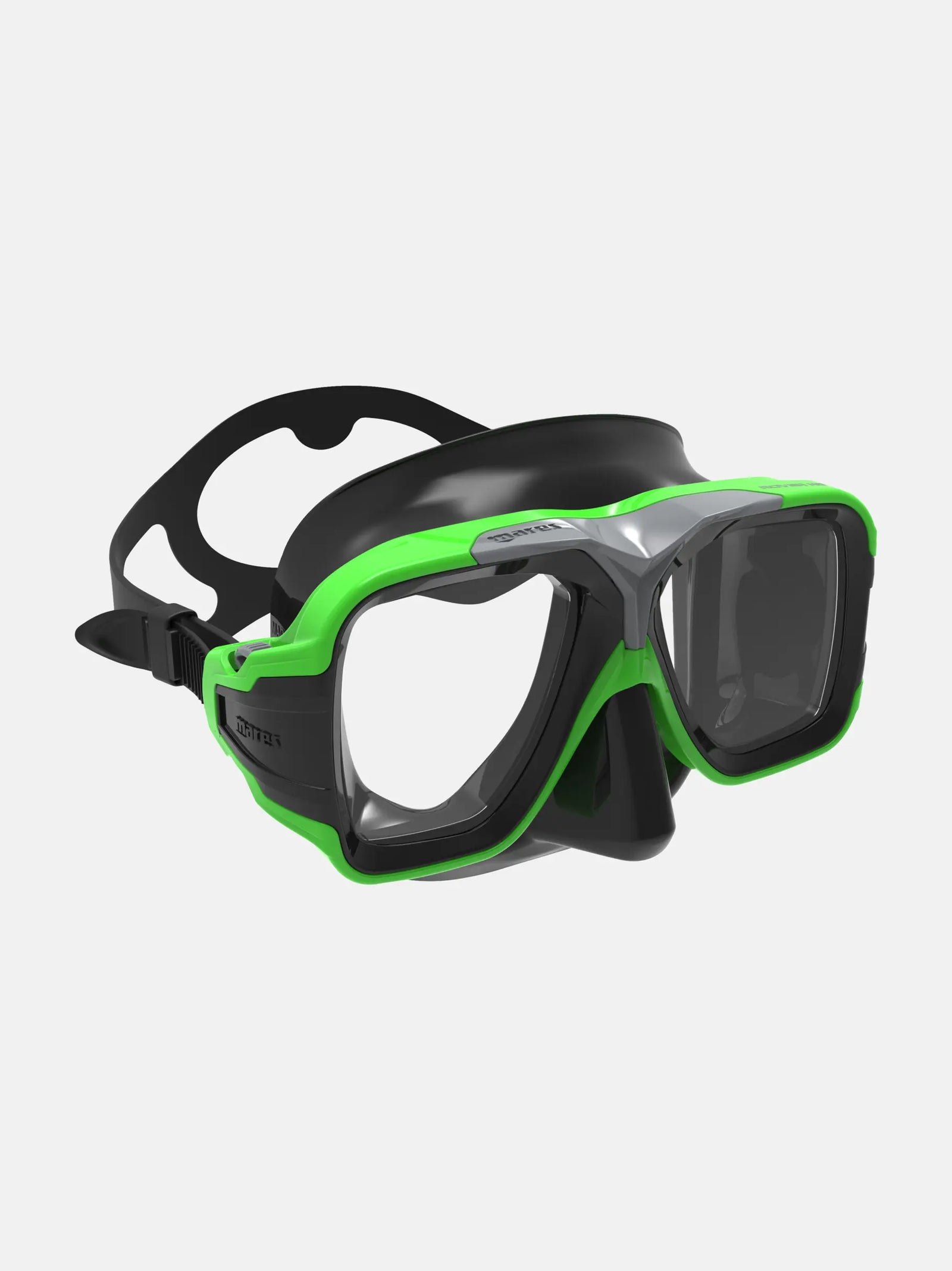 Diving mask with green frame and black accents on a white background