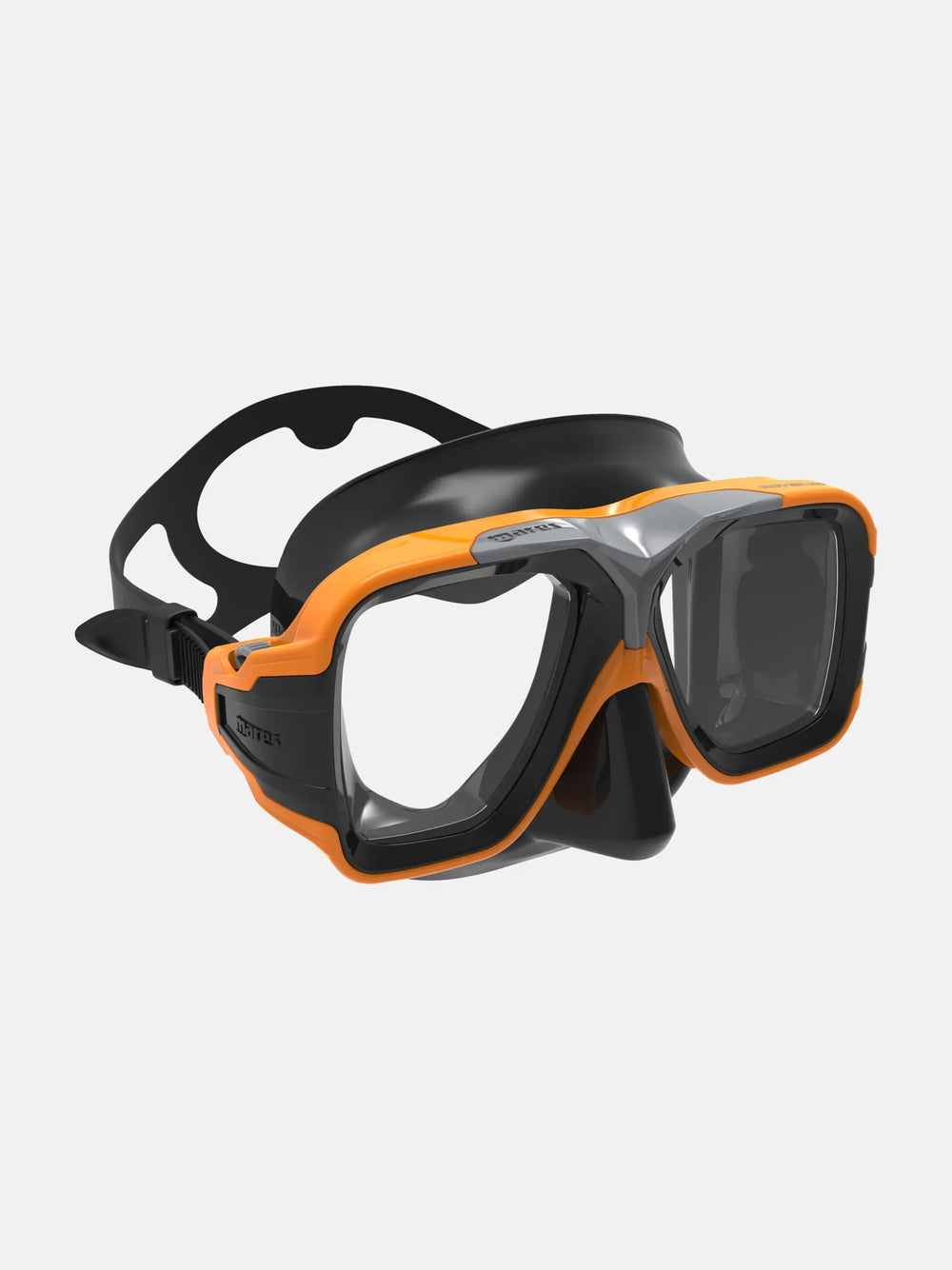 Diving mask with orange frame and black accents on a white background