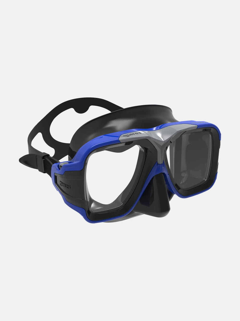 Black and blue diving mask on a white background